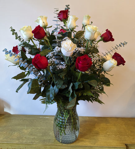 Two Dozen Red and White Long Stem Roses